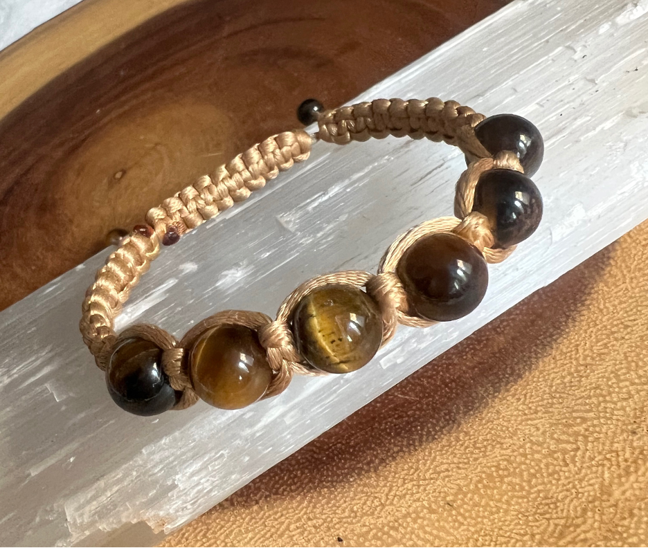 Adjustable Gold and Tigers Eye Macrame Bracelet