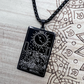 Sterling Silver Tarot Moon Card Necklace (Black)