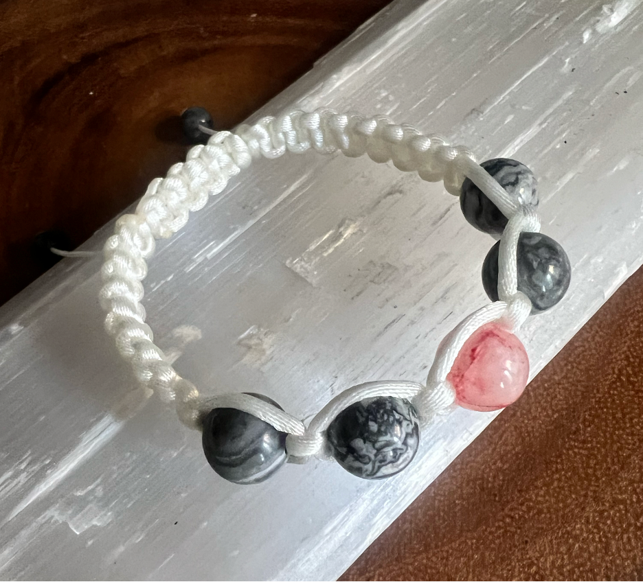 Adjustable Cherry Jade and Grey Jasper Macrame Bracelet