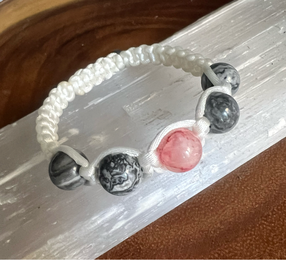 Adjustable Cherry Jade and Grey Jasper Macrame Bracelet